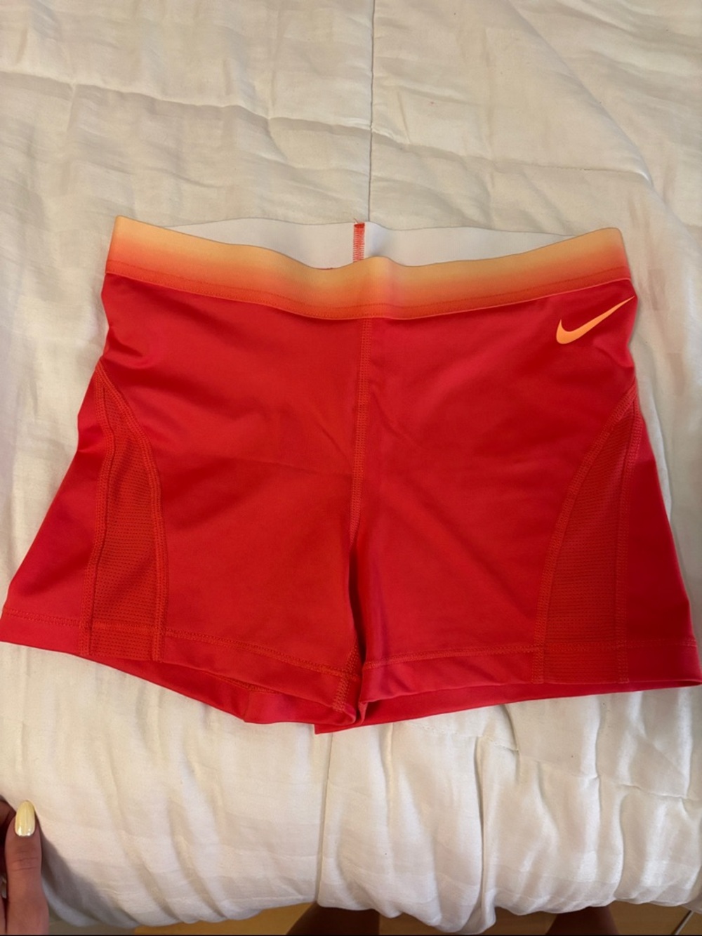 Nike Women’s Red Athletic Shorts with Orange Gradient Waistband